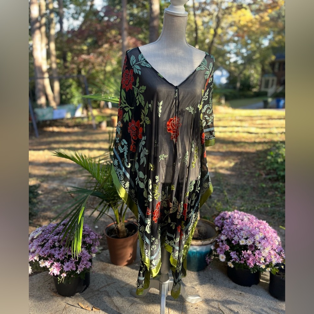 Karen Kane Sheer Floral Embroidered Maxi Kimono, One Size, Kaftan, EUC, Black